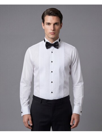 Beyaz Ata Yaka Düz Piliseli Damatlık Gömlek