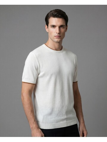 Beyaz Bisiklet Yaka Kısa Kollu Triko