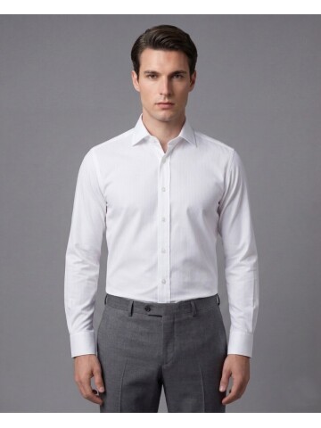 Beyaz Çizgili Uzun Kollu Slim Fit Sivri Yaka Gömlek