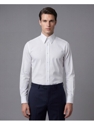 Beyaz Çizgili Uzun Kollu Slim Fit Sivri Yaka Gömlek