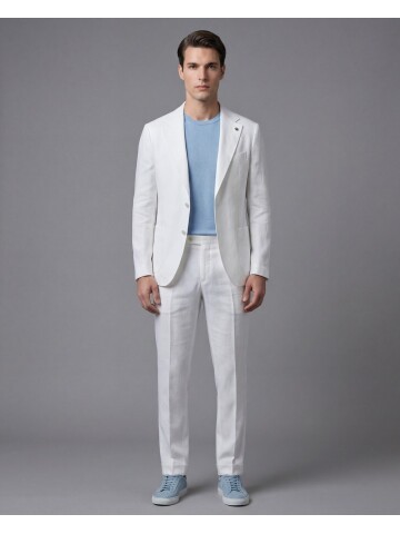 Beyaz Comfort Fit Mono Yaka Torba Cep Takım Elbise