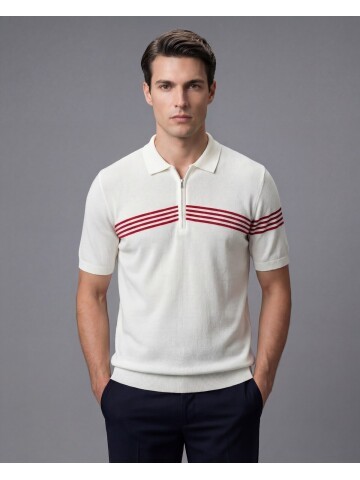 Beyaz Fermuarlı Polo Yaka Kırmızı Çizgili Triko Tişört