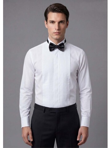 Beyaz Geniş Piliseli Ata Yaka Slim Fit Duble Manşet Damatlık Gömlek