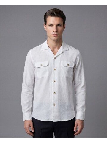 Beyaz Keten Kapaklı Cep Regular Fit Uzun Kollu Gömlek