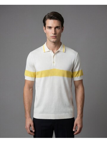 Beyaz Polo Yaka Blok Çizgili 3 Düğmeli Triko Tişört