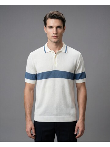 Beyaz Polo Yaka Blok Çizgili 3 Düğmeli Triko Tişört