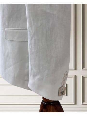 Beyaz Sivri Yaka 2 Düğme Keten Takım Elbise