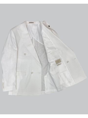 Beyaz Sivri Yaka 4 Düğme Keten Takım Elbise