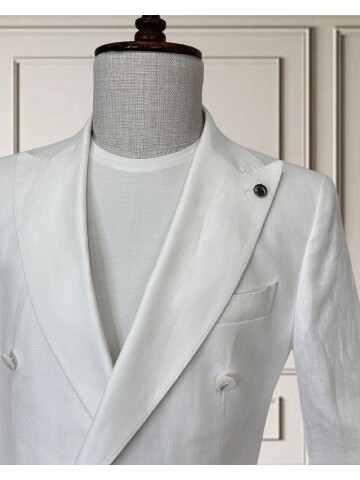 Beyaz Sivri Yaka 4 Düğme Keten Takım Elbise