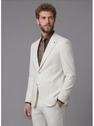 White Slim Fit Notch Lapel Suit with Patch Pockets
