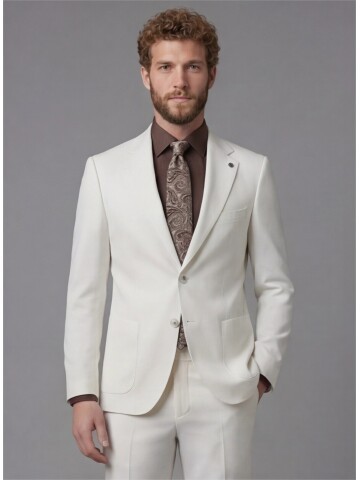 White Slim Fit Notch Lapel Suit with Patch Pockets
