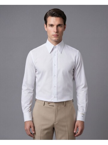 Beyaz Slim Fit Sivri Yaka Uzun Kollu Gömlek