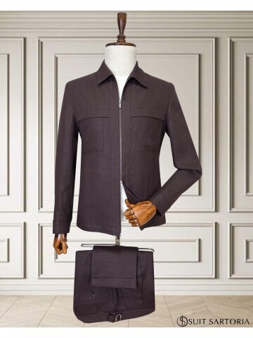 Bordo Keten Safari Takım Elbise