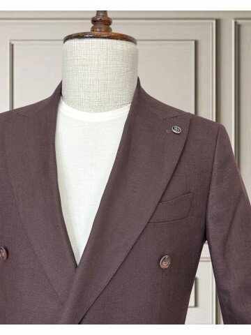 Bordo Sivri Yaka 4 Düğme Keten Takım Elbise