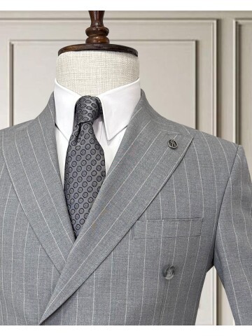 Gri Çizgili Kruvaze Erkek Takım Elbise