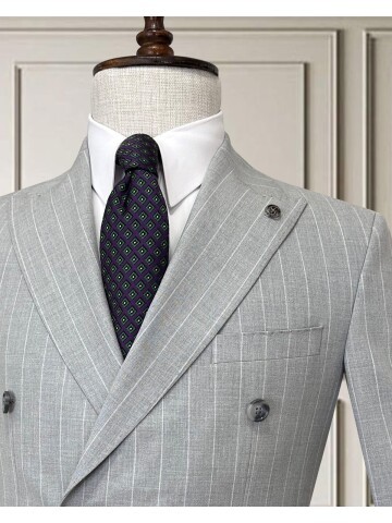 Gri Çizgili Kruvaze Erkek Takım Elbise