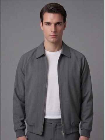 Grey Zip-Up Shirt Collar Smart Casual Suit