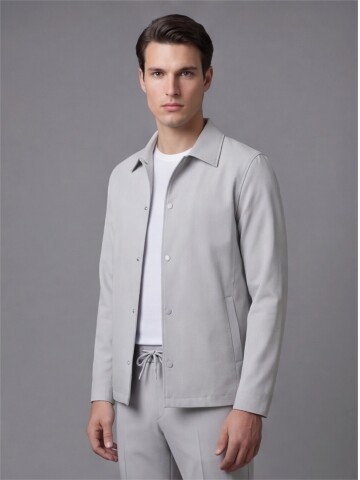 Grey Shirt Collar Snap Fastener Polyamide Suit