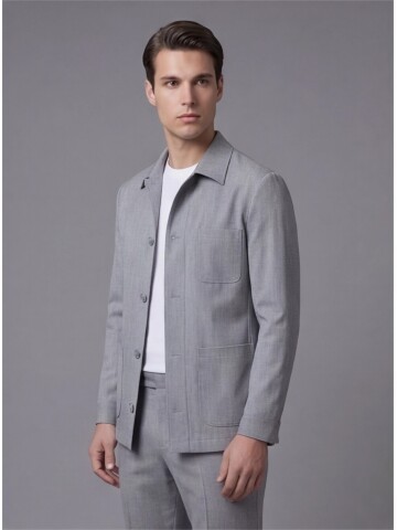 Grey Shirt Collar Buttoned Patch Pocket Suit
