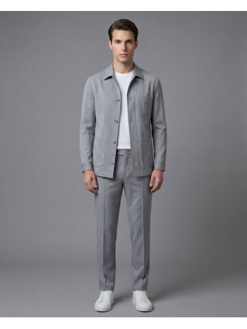 Gri Gömlek Yaka Düğmeli Torba Cepli Takım