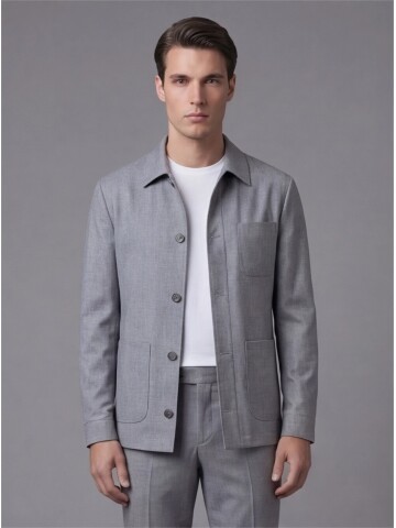 Grey Shirt Collar Buttoned Patch Pocket Suit