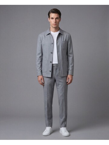 Gri Gömlek Yaka Düğmeli Torba Cepli Takım