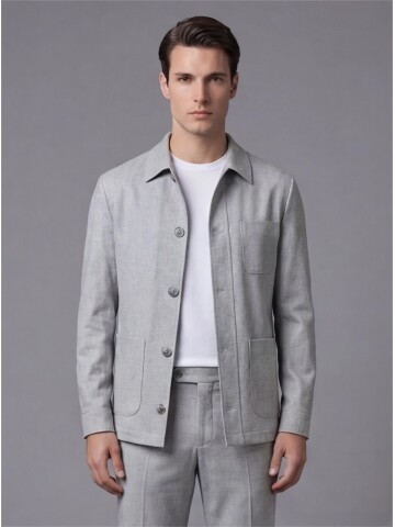 Grey Shirt Collar Buttoned Patch Pocket Suit
