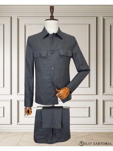  Koyu Gri Keten Safari Takım Elbise