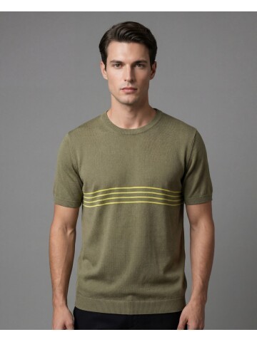 Haki Bisiklet Yaka Çizgili Kısa Kollu Triko Tişört