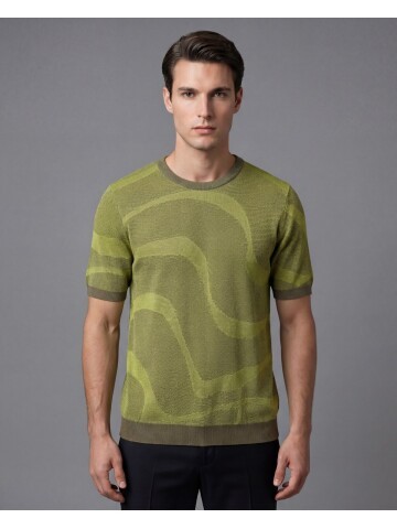 Haki Bisiklet Yaka Kendinden Desenli Kısa Kollu Triko Tişört