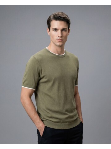 Haki Bisiklet Yaka Kısa Kollu Triko