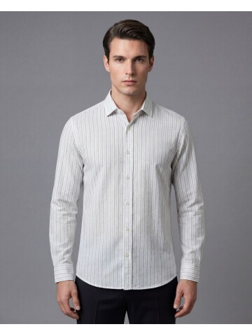 Haki Çizgili Regular Fit Uzun Kollu Gömlek