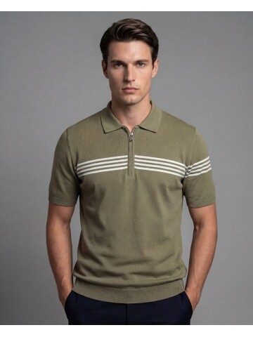 Haki Fermuarlı Polo Yaka Beyaz Çizgili Triko Tişört