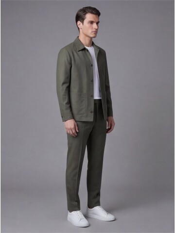 Haki Gömlek Yaka Düğmeli Torba Cepli Takım