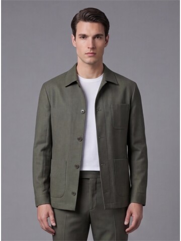 Khaki Shirt Collar Buttoned Patch Pocket Suit