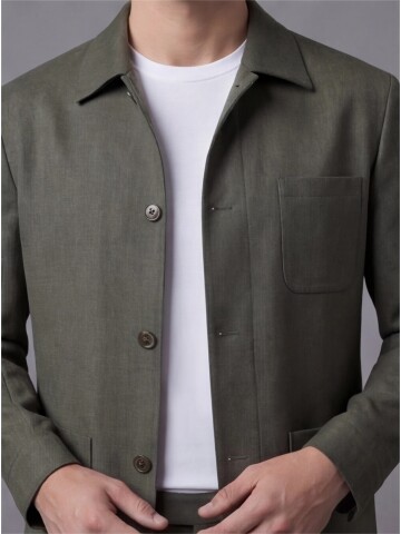 Khaki Shirt Collar Buttoned Patch Pocket Suit