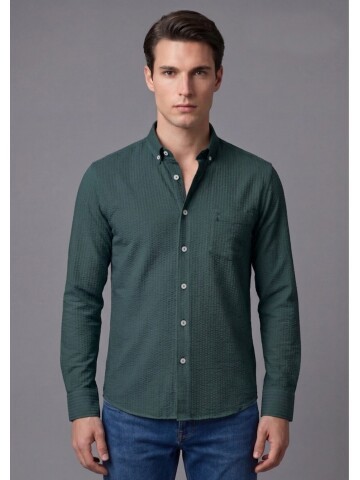 Haki Kendinden Desenli Slim Fit Uzun Kollu Gömlek