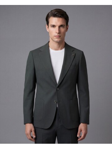 Haki Mono Yaka İki Düğmeli Takım Elbise