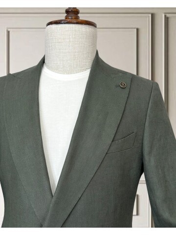 Haki Sivri Yaka 2 Düğme Keten Takım Elbise