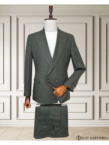 Haki Sivri Yaka 4 Düğme Keten Takım Elbise