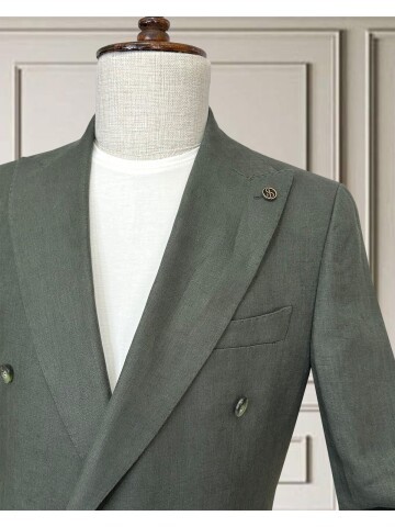 Haki Sivri Yaka 4 Düğme Keten Takım Elbise