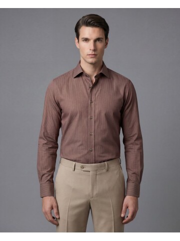 Kahverengi Çizgili Uzun Kollu Slim Fit Sivri Yaka Gömlek