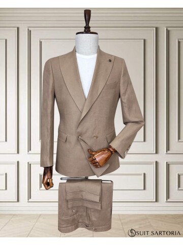 Kahverengi Sivri Yaka 2 Düğme Keten Takım Elbise