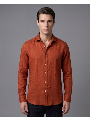 Kiremit Premium Keten Regular Fit Uzun Kollu Gömlek