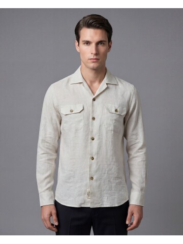 Kırık Beyaz Keten Kapaklı Cep Regular Fit Uzun Kollu Gömlek