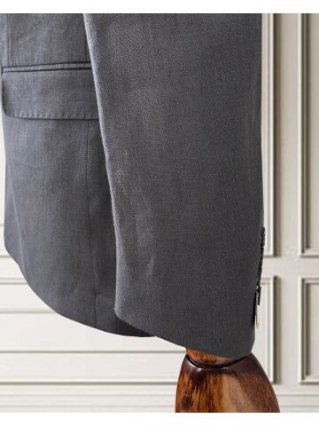 Koyu Gri Sivri Yaka 4 Düğme Keten Takım Elbise