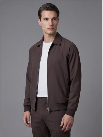 Dark Brown Zip-Up Shirt Collar Smart Tracksuit