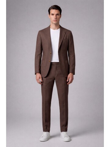 Koyu Kahverengi Mono Yaka Comfort Fit Torba Cepli Takım Elbise