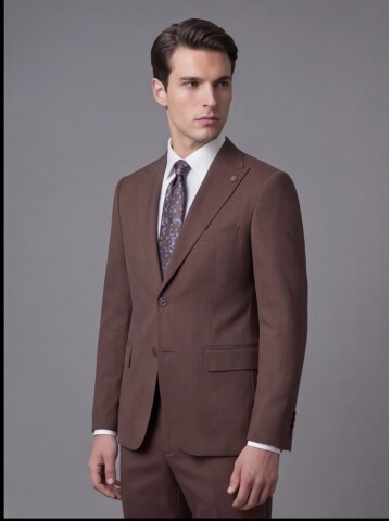 Koyu Kahverengi Sivri Yaka İki Düğmeli Slim Fit Takım Elbise