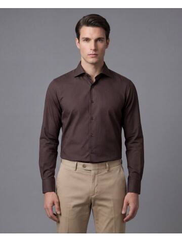Koyu Kahverengi Slim Fit Uzun Kollu Klasik Yaka Gömlek